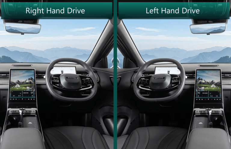 Dashboard and steering wheels of right hand drive cars and left hand drive cars