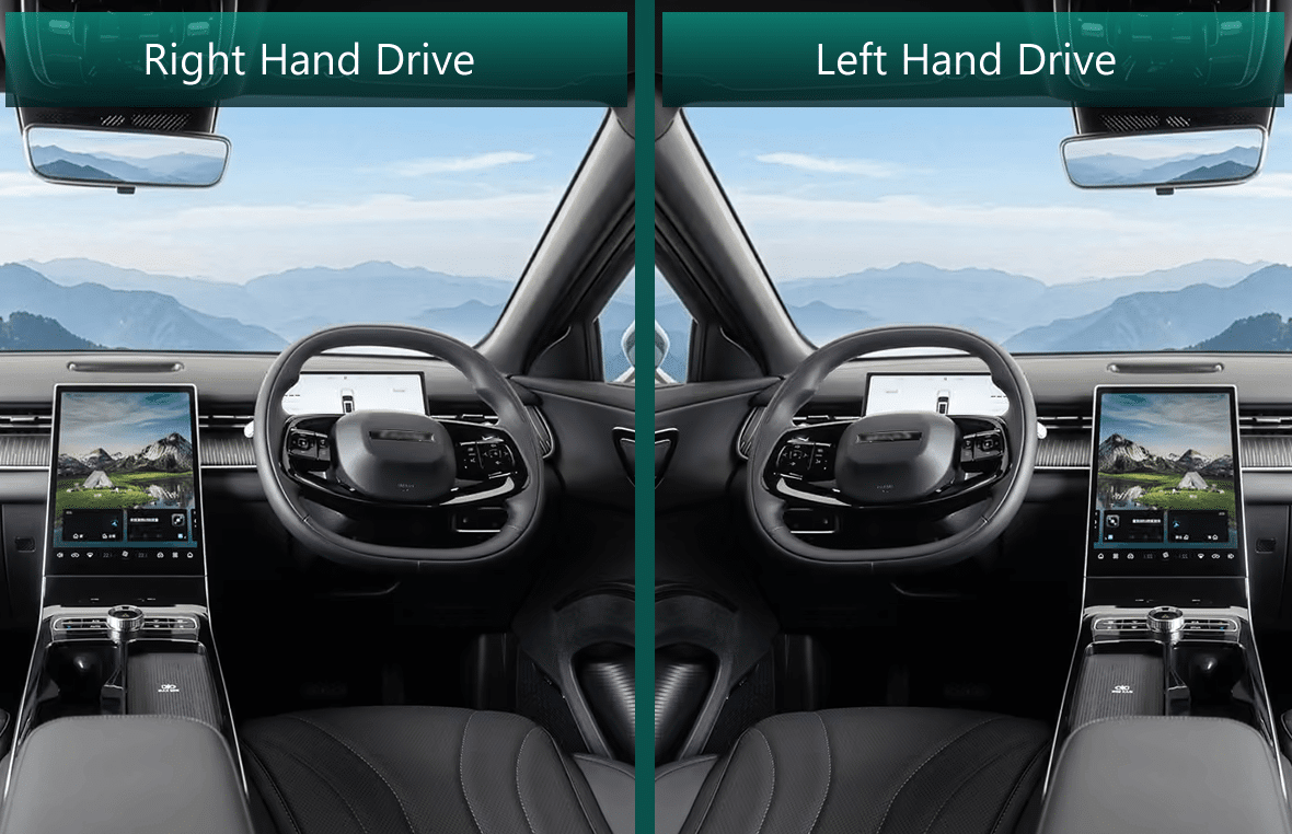 Dashboard and steering wheels of right hand drive cars and left hand drive cars